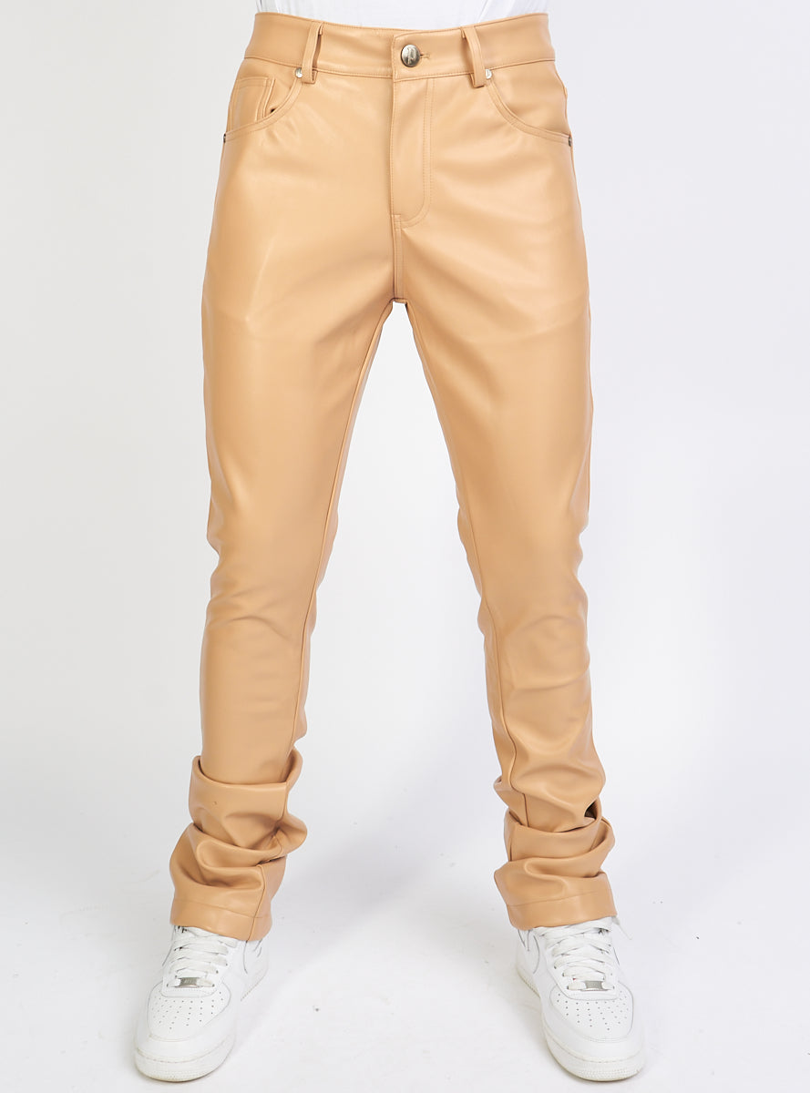 Politics Flare Stacked Pants - Barlow - PU Leather - Beige - 553
