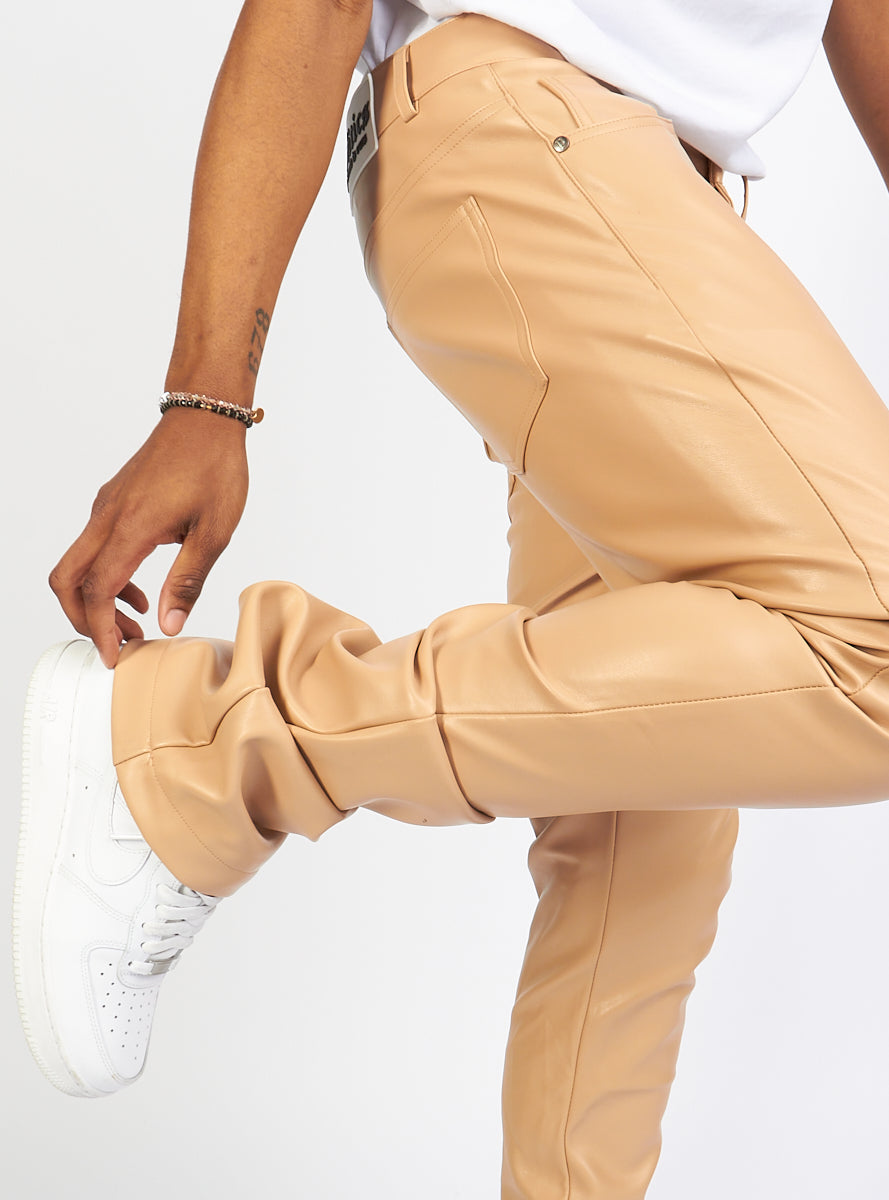 Politics Flare Stacked Pants - Barlow - PU Leather - Beige - 553