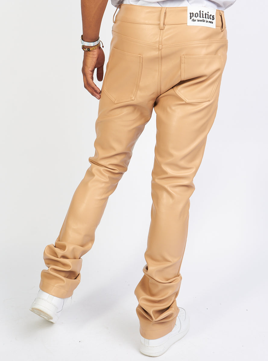 Politics Flare Stacked Pants - Barlow - PU Leather - Beige - 553