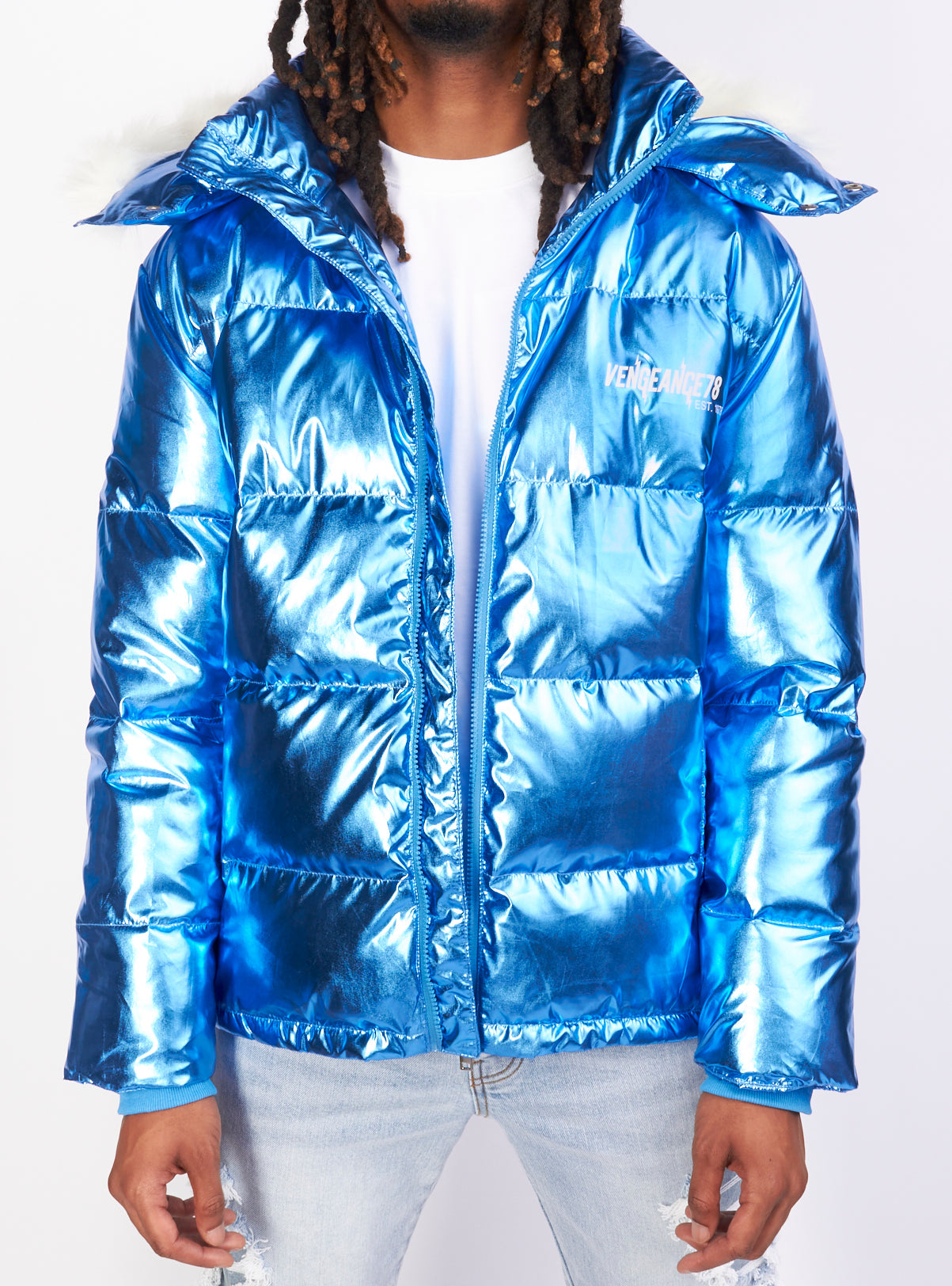 Vengeance of Cincy Puffer Jacket - Metallic Blue and Orange