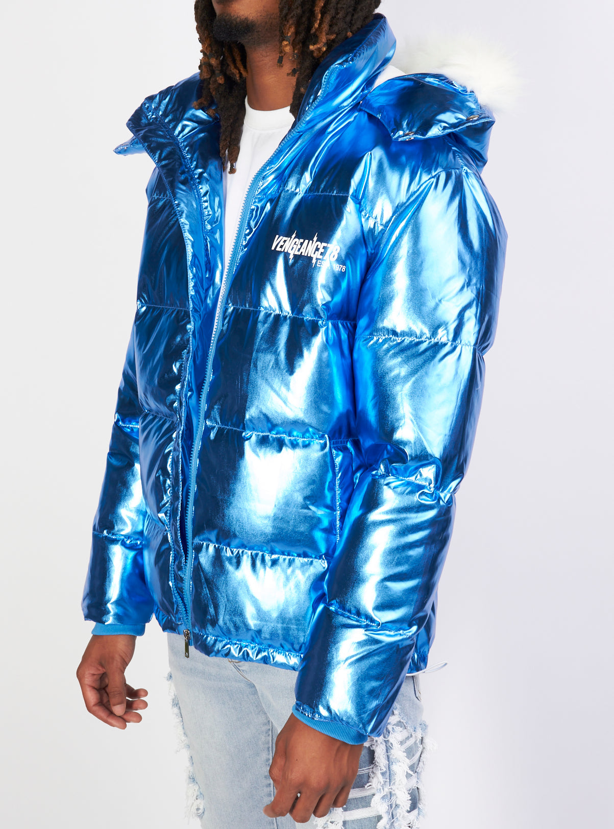 Vengeance of Cincy Puffer Jacket - Metallic Blue and Orange
