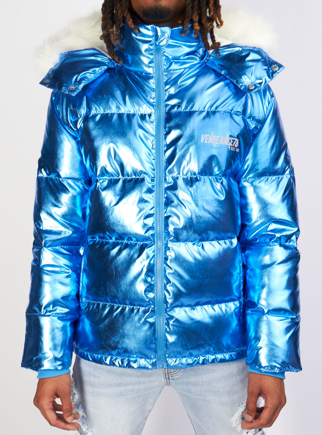 Vengeance of Cincy Puffer Jacket - Metallic Blue and Orange