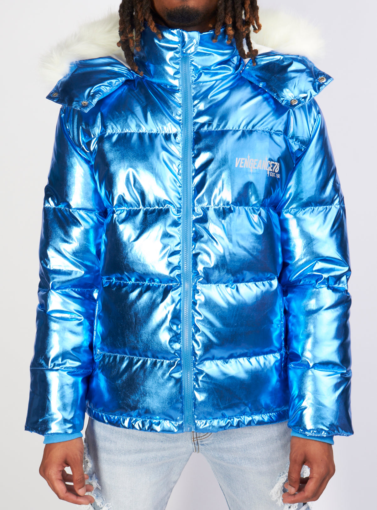 Vengeance of Cincy Puffer Jacket - Metallic Blue and Orange