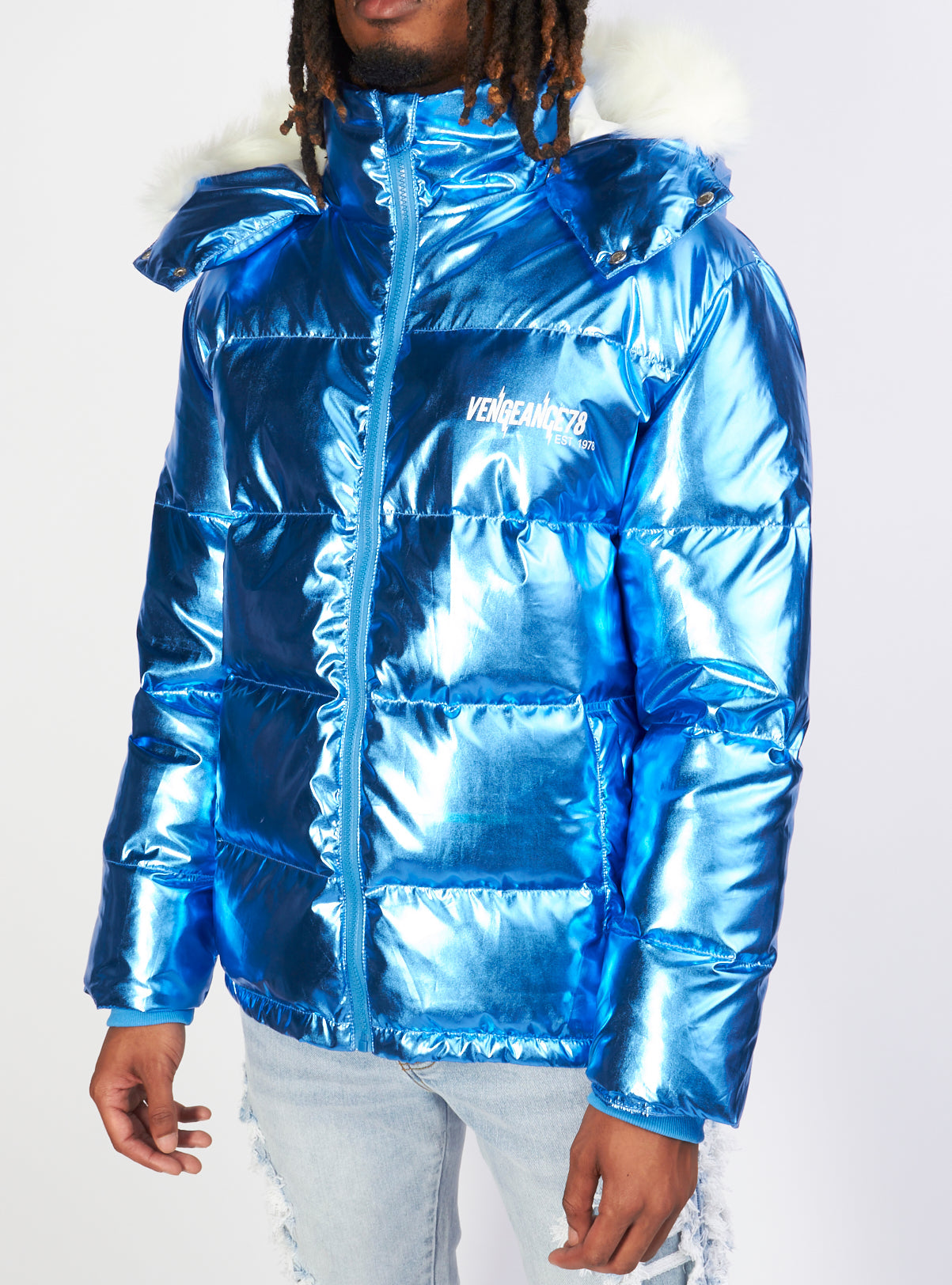 Vengeance of Cincy Puffer Jacket - Metallic Blue and Orange