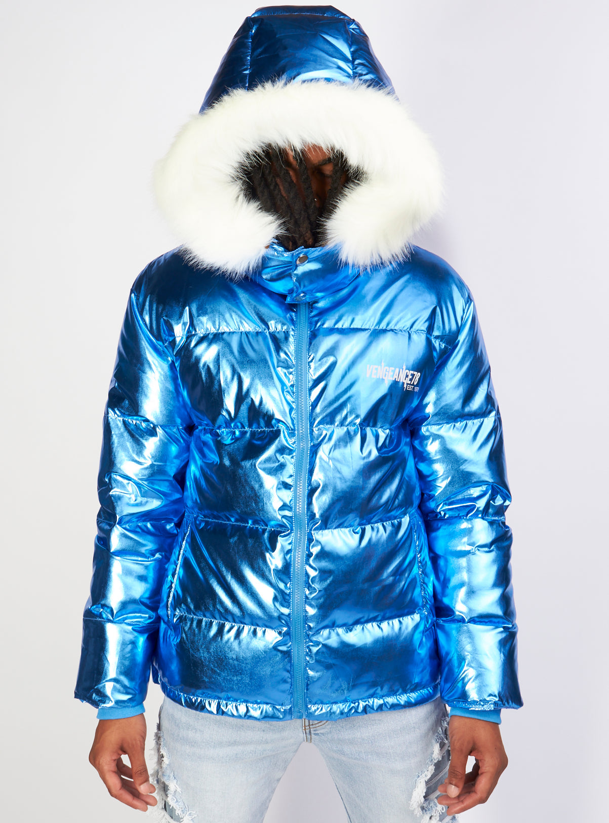 Vengeance of Cincy Puffer Jacket - Metallic Blue and Orange