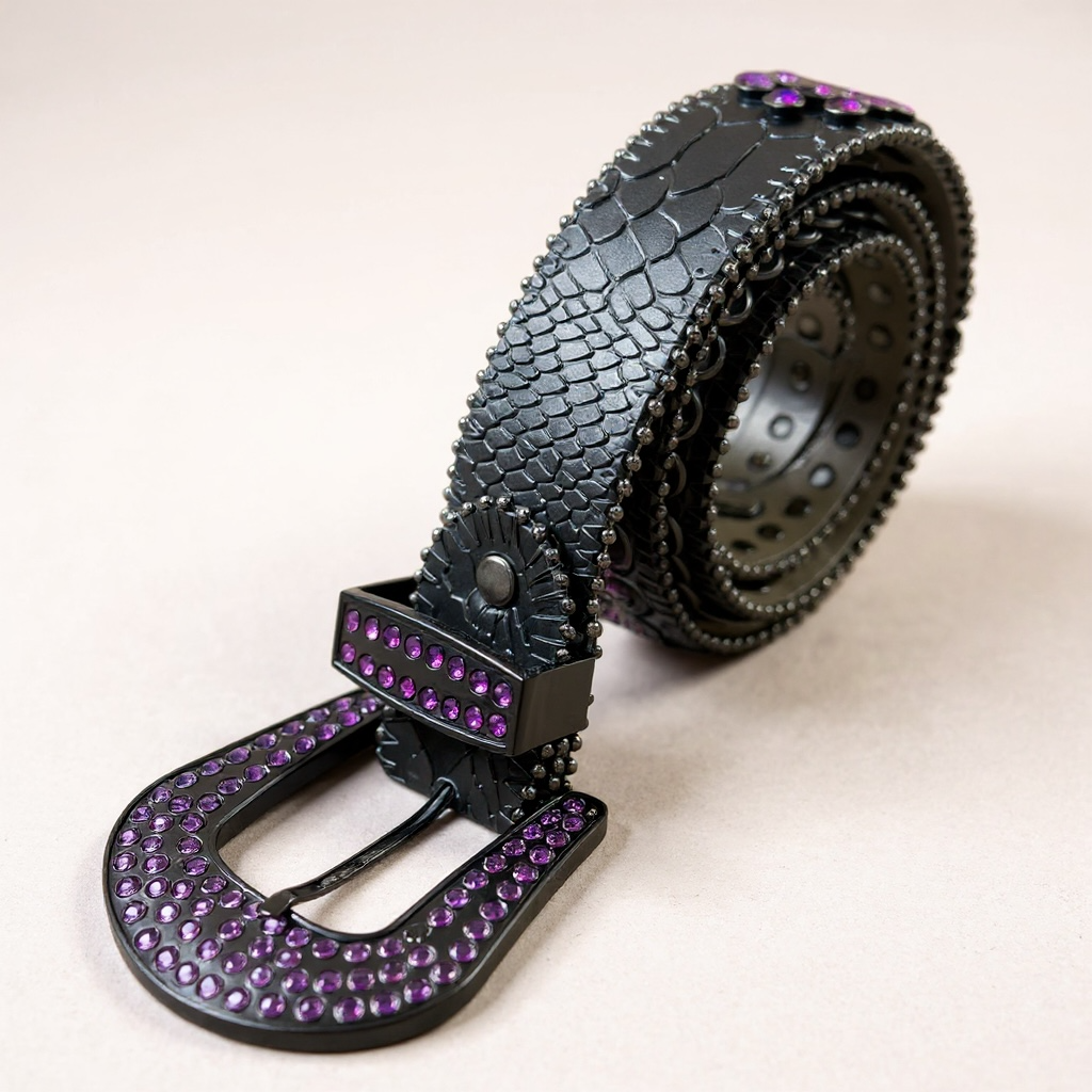 DNA Belt - Black With Purple Rhinestones - 95